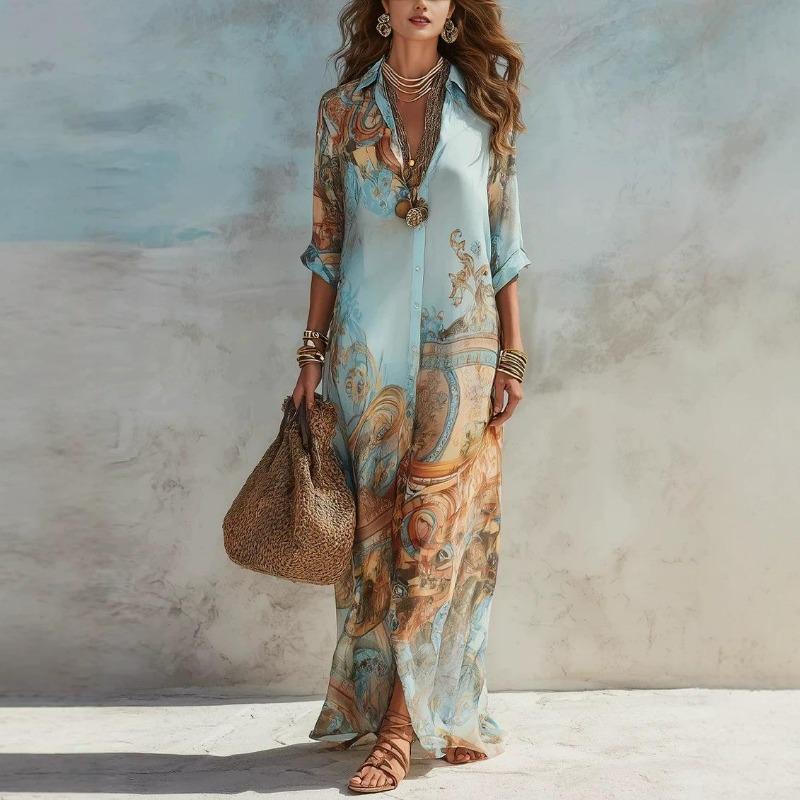 Abito Maxi Floreale Boho da Donna con Scollo a V Manica Corta Larga Estivo Lungo