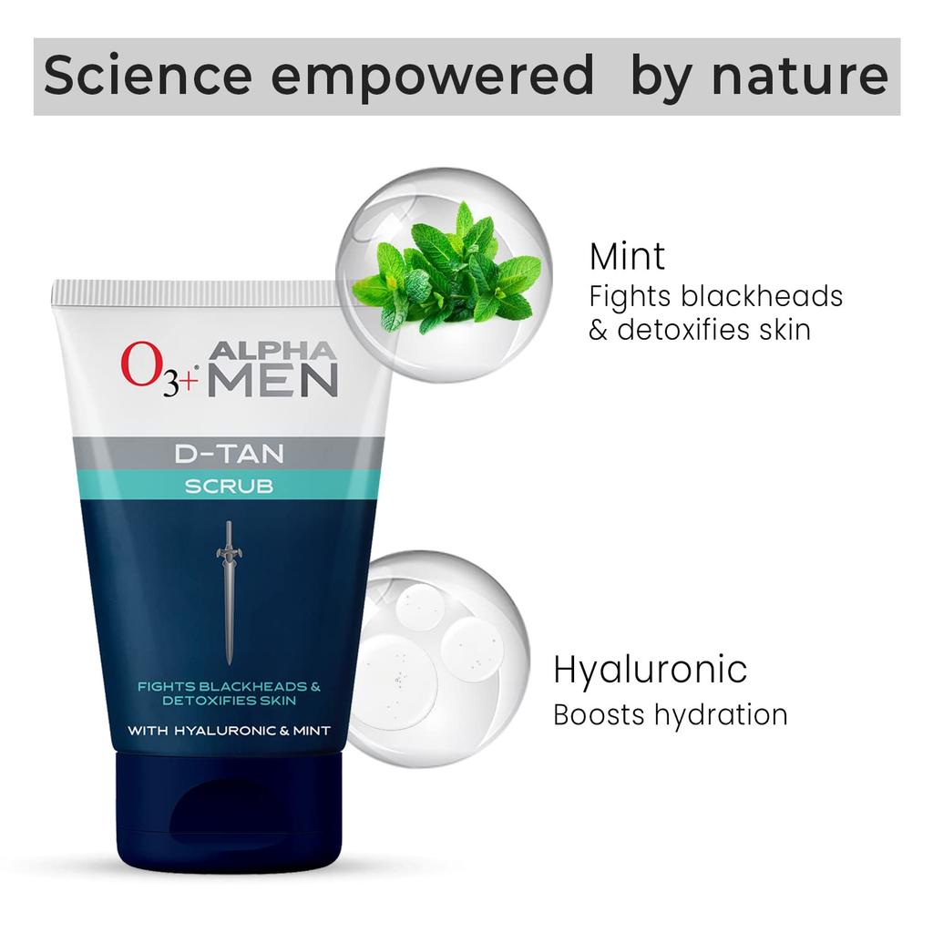 O3+ Alpha Men Acno D-Tan Scrub 50g Pack Of 1 | Detoxifying Tan Removal & Blackhead Scrub