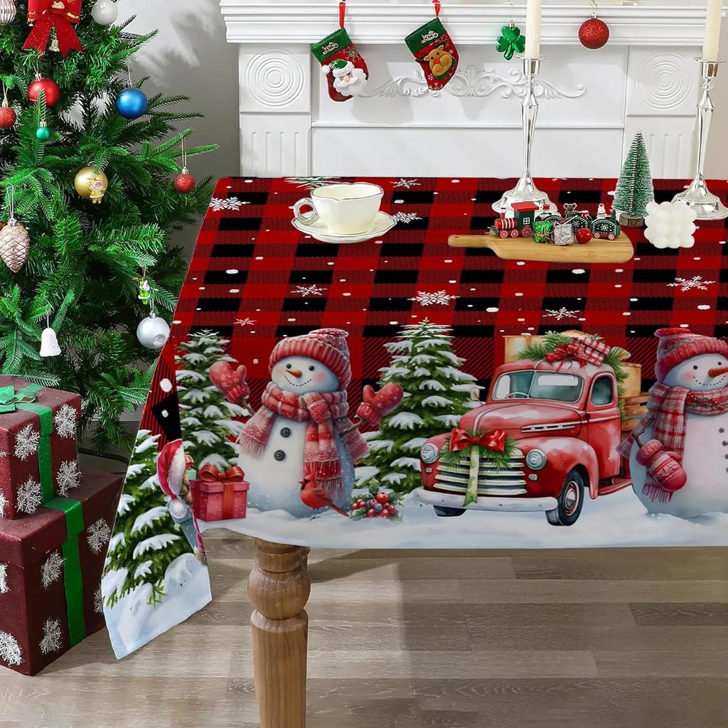 Winter Snowflakes Christmas Tablecloth for Dining Kitchen Table Decor, Xmas Tree Snowman Truck Holiday Table Cloth Christmas Decoration
