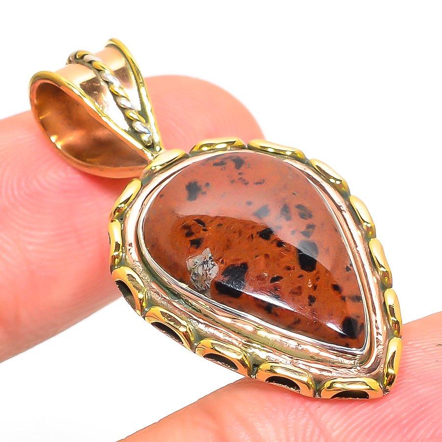 Natural Mahogany Obsidian Two Tone 925 Solid Sterling Silver Pendant 1.50" b5J06