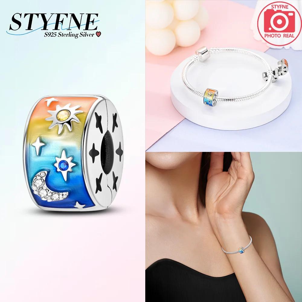 Exquisite Copper Colored Zircon Paving Star Moon Clip Charm Spacer Beads For Women'S Original Bracelet Jewelry Gift