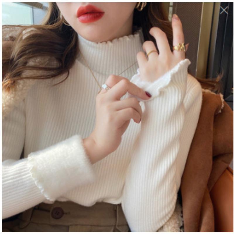 Semi-turtleneck White Thickened Fleece Knitted Bottoming Shirt Women's New Autumn and Winter Small Sweater Top