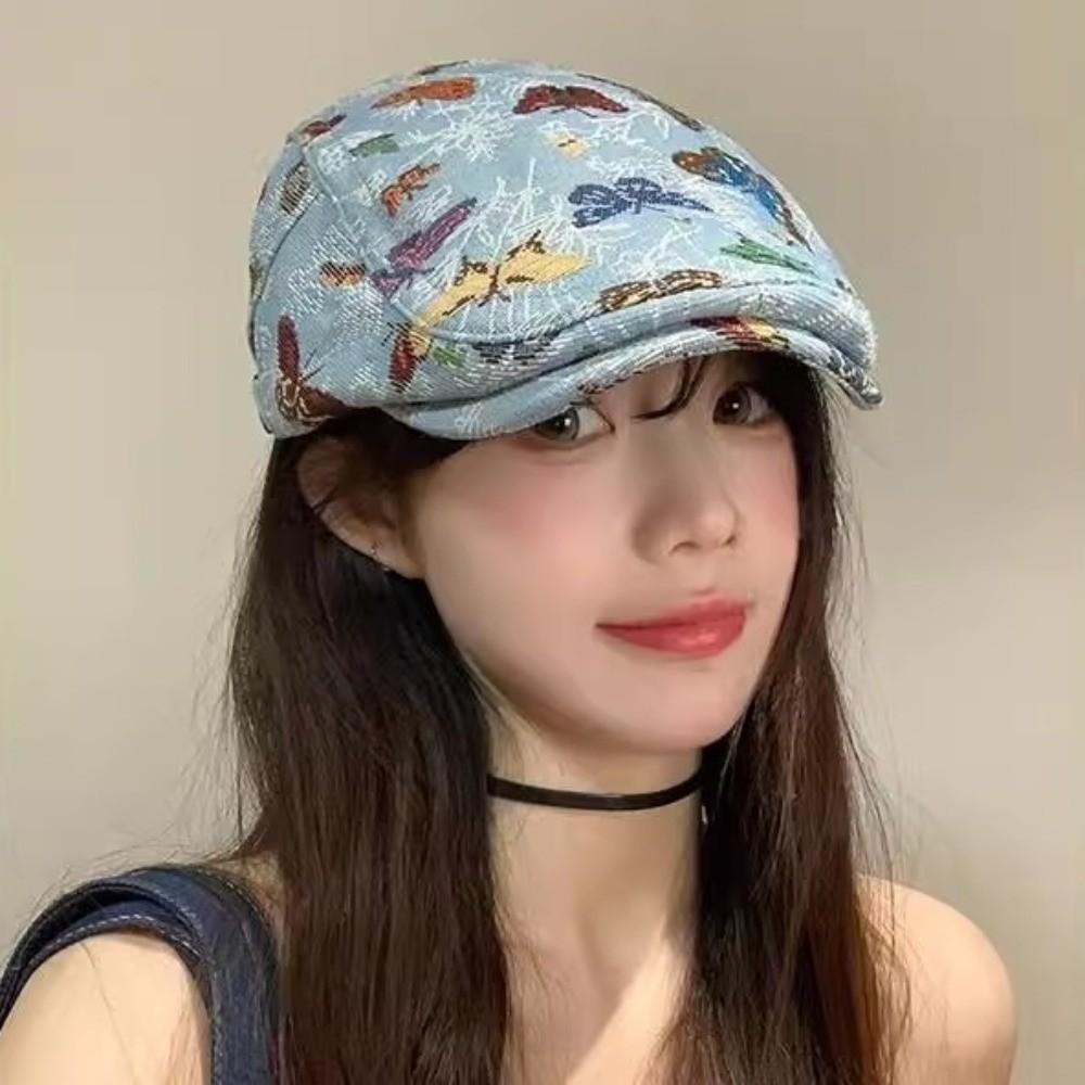 Reversible Design Retro Newsboy Cap Ethnic Style Butterfly Embroidered Beret  Women's Wear