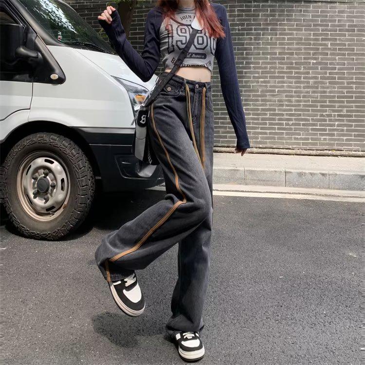 

Новые корейские джинсы с высокой талией и широкими штанинами для женщин 2023 - Дизайн с кулиской на осень/зиму, доступны большие размеры L черный серый