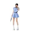 Women's Summer Blue Striped Polo Collar Pleated Shirt Dress with Waist-Cinching Design
