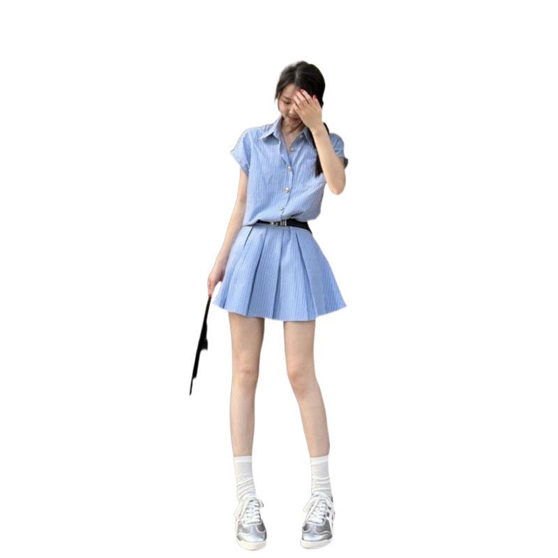 Women's Summer Blue Striped Polo Collar Pleated Shirt Dress with Waist-Cinching Design