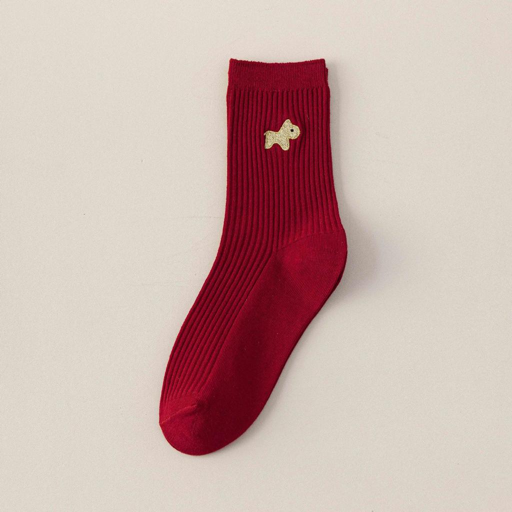 Big Red Socks New Year'S Red Socks Medium Tube Sweat-Absorbing Cotton Socks Embroidered Versatile Year Of The Horse Double Needle Stacking Socks