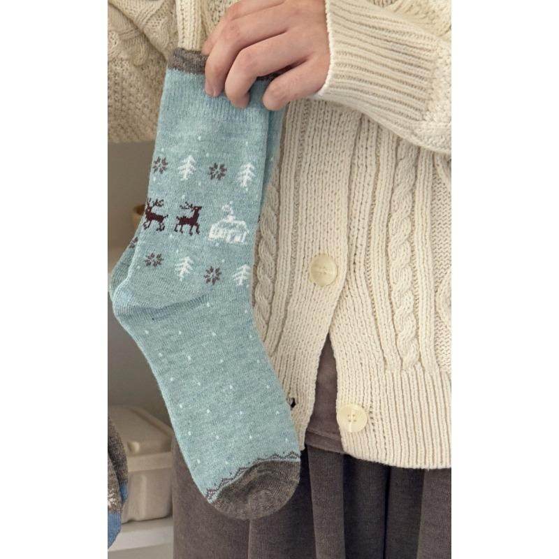 

Женские осенне-зимние теплые новогодние рождественские носки из шерсти с контрастной расцветкой и рисунком лося 1 pair серый/зелёный