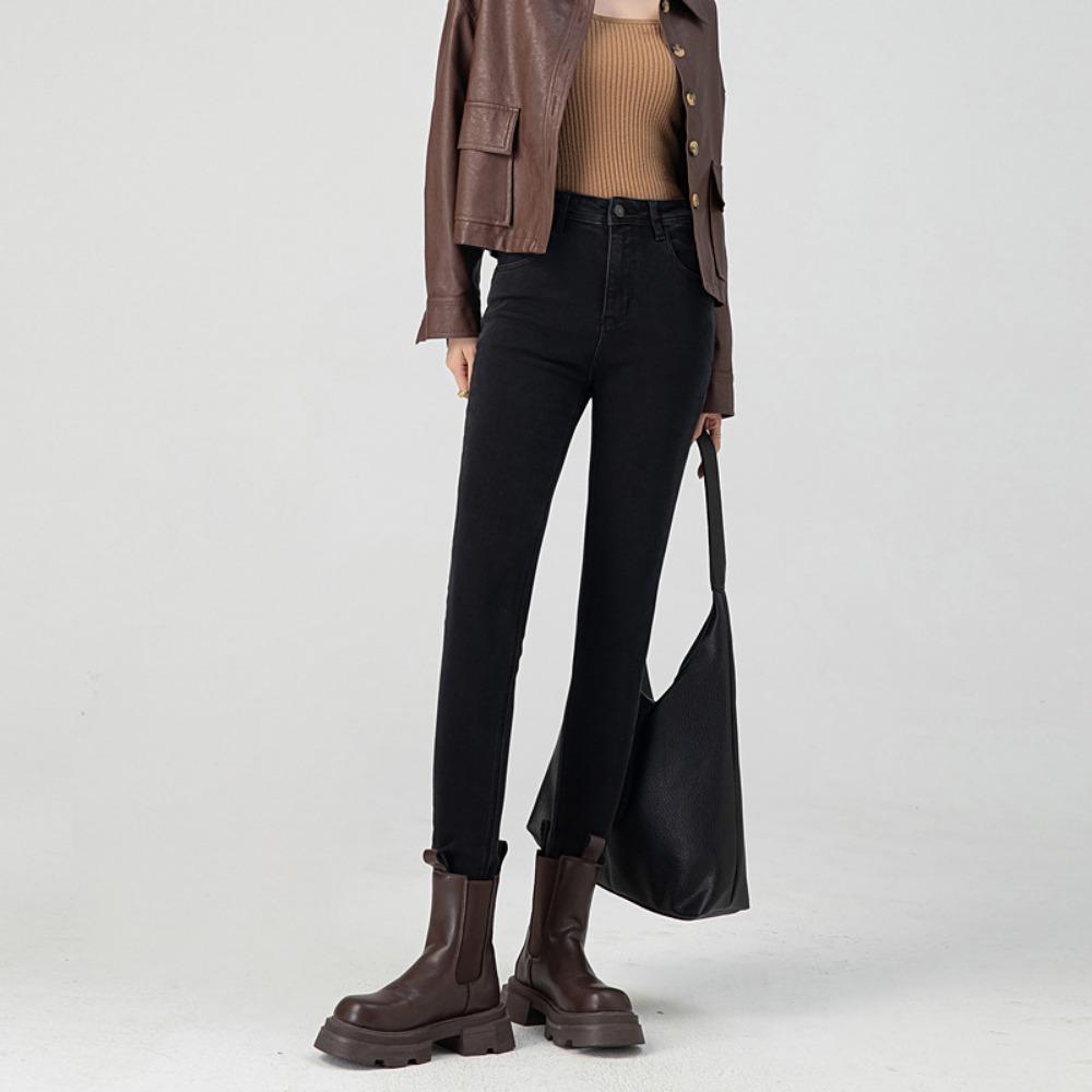 

New 2025 winter jeans tight high waist slim fit casual elastic small feet pencil trousers ins 32 чёрный