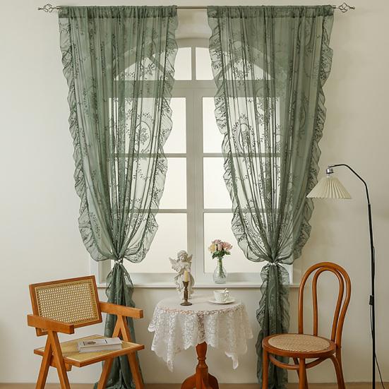Volantvorhänge, Französischer Pastorale Spitzen-Gardine, Lichtfilternde Fenstergardine, 2-in-1 Doppelnutzung Kurzer Vorhang für Wohnzimmer Schlafzimmer Balkon Erker