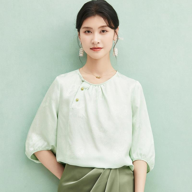 Mulberry silk 100% [24mm jacquard bamboo knot flower ivy] round neck slanted collar butterfly jacquard shirt summer