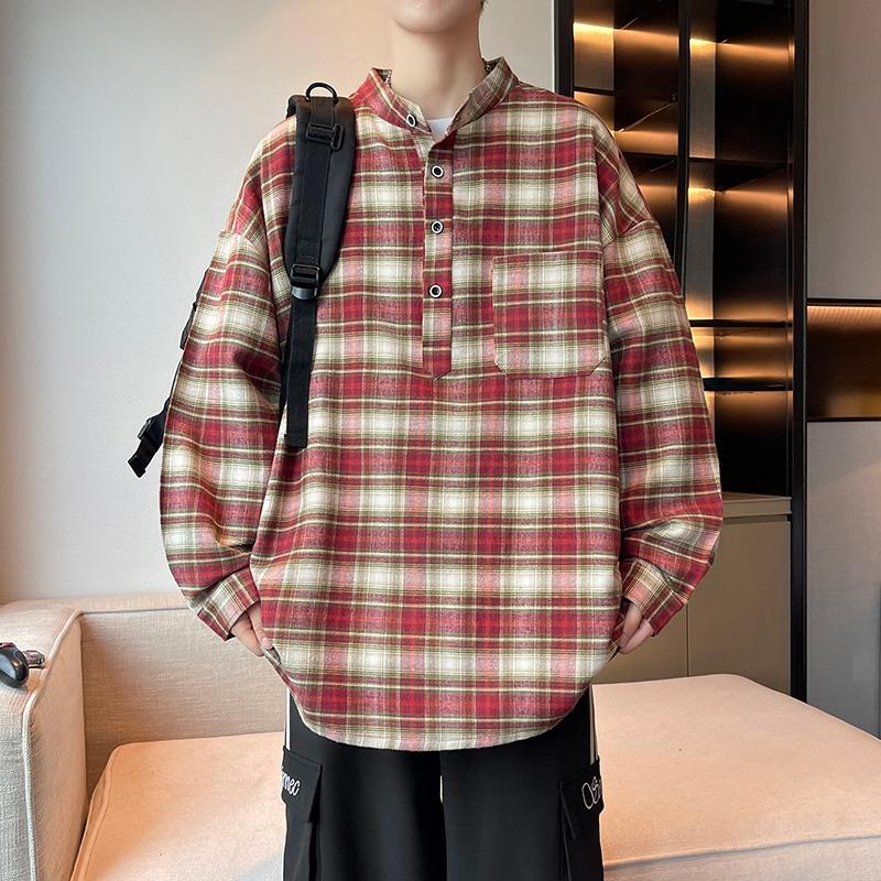 

Spring and Autumn Men s Plaid Striped Casual Versatile Cardigan Lapel Long-sleeved Shirt Top L красный