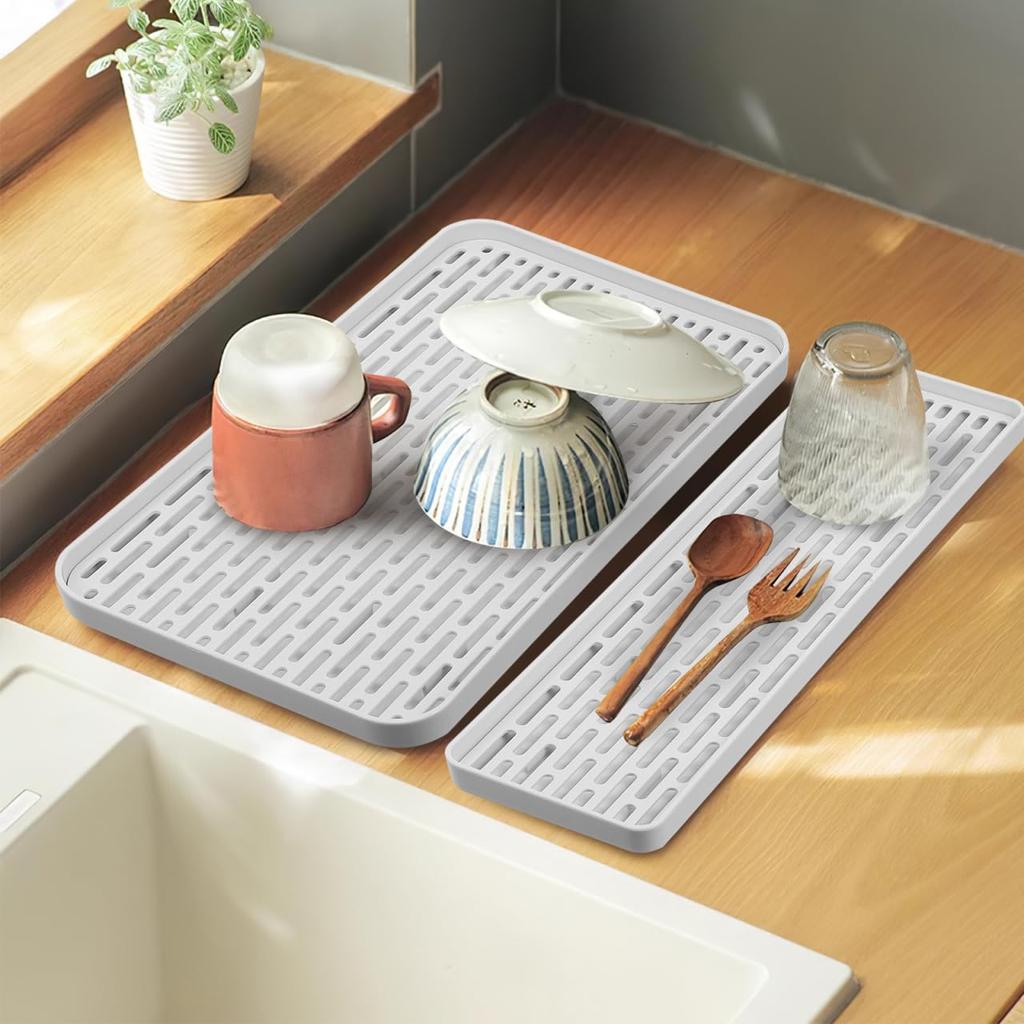 DOITOOL Double Layer Draining Tray: 2Pack Dish Drainer Drying Rack for Kitchen Counter, Non Slip Drain Board Dish Drain Tray Plastic Tea for Cup Bowl