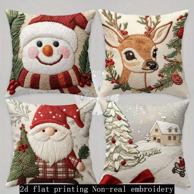 New Christmas Santa Pillow Cover, Imitation Embroidery Holiday Decorative Sofa Linen Car Cushion Cover