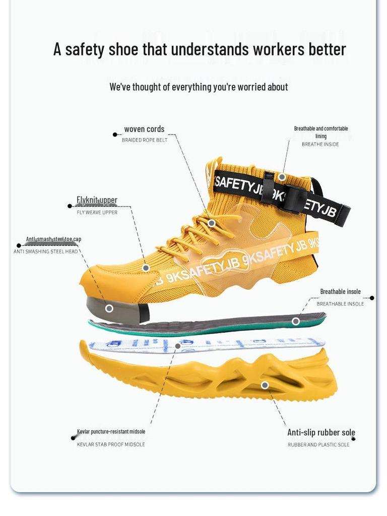 All-Season High-Top Safety Work Shoes: Anti-Smash, Anti-Puncture, Lightweight, Elastic Shock Absorption, Breathable Fly-Knit Design