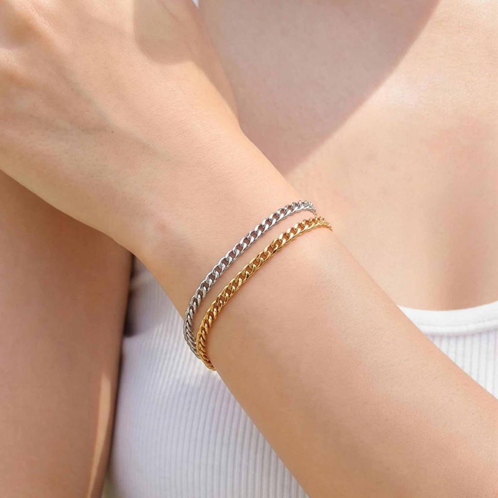 Minimalist Silver Color Link Bracelet for Women Stainless Steel Cuban Chain Bracelet Stackable Wrist Jewelry Waterproof