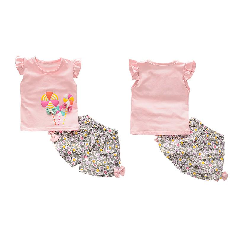Baby Girl Clothes Set Cartoon Printing T-shirt Floral Bow Shorts Baby Clothes Set