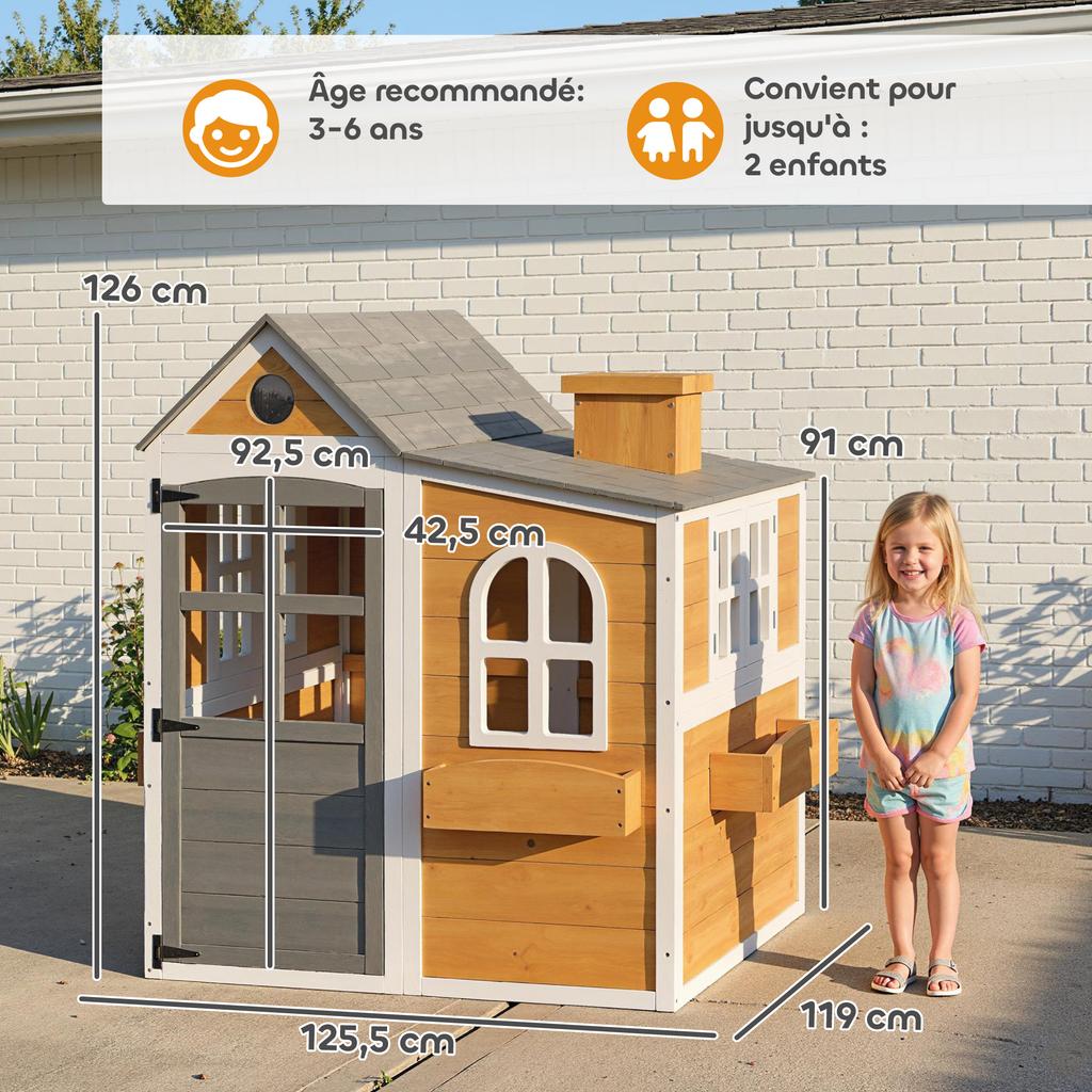 Outdoor Wooden Playhouse for Children, Door, Windows, 3 Flower Boxes, Yellow
