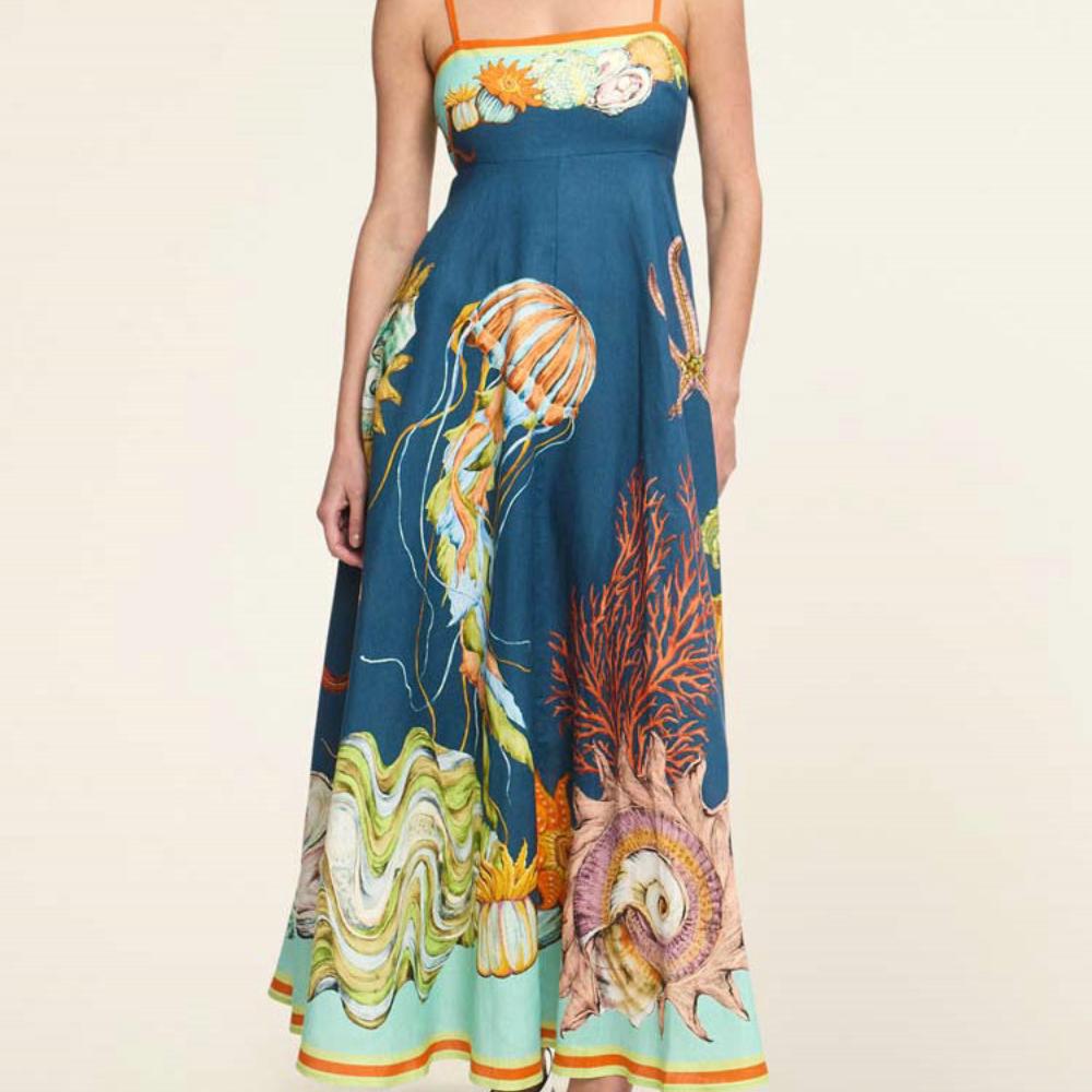 Women's Summer Casual Boho Long Sundress Strap Square Neck Sleeveless Maxi Dresses Flower Printed A Line Beach Dress for Women
