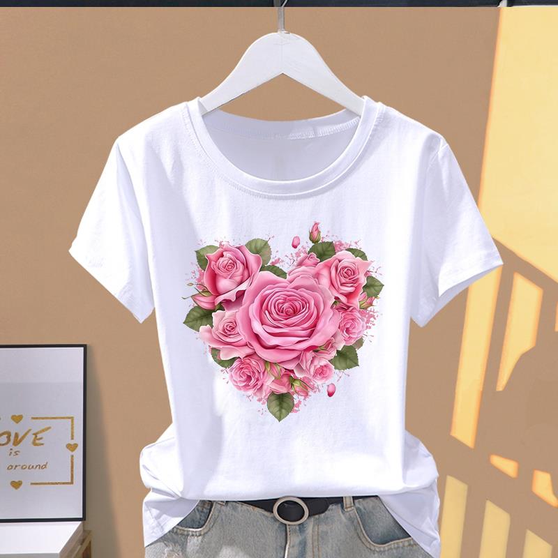 (Asian Size) Graphic Female Top Women's Clothing T O-neck Tee love heart trend Fashion Print Casual Short Sleeve T-shirts