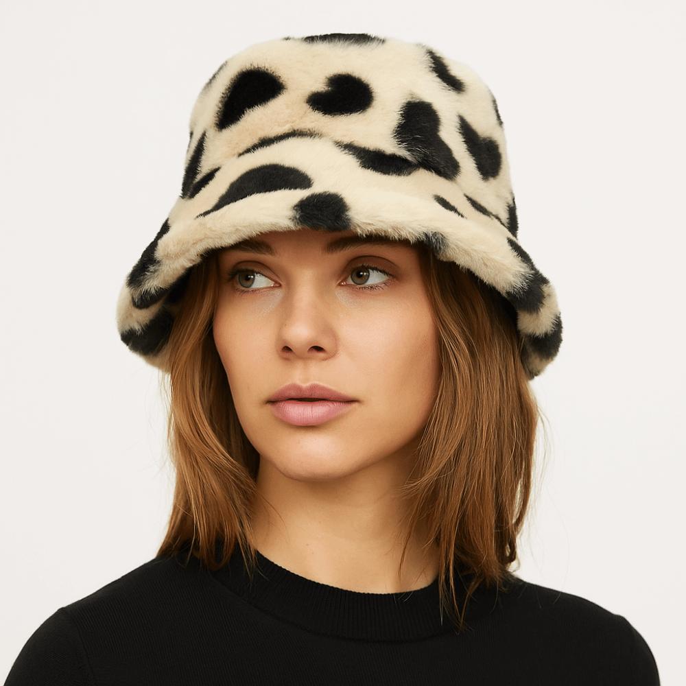Faux Fur Plush Fisherman Hat Fluffy Winter Plush Hat Sweet Love Heart Bucket Hat  Autumn