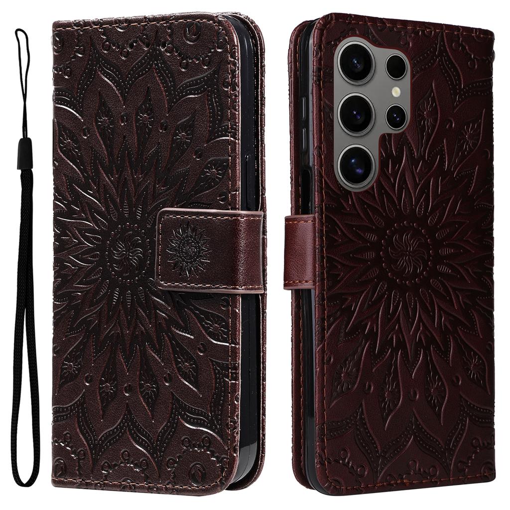 For Samsung Galaxy S25 Ultra Phone Case Sunflower Imprinted Leather Wallet Stand Cover with Strap