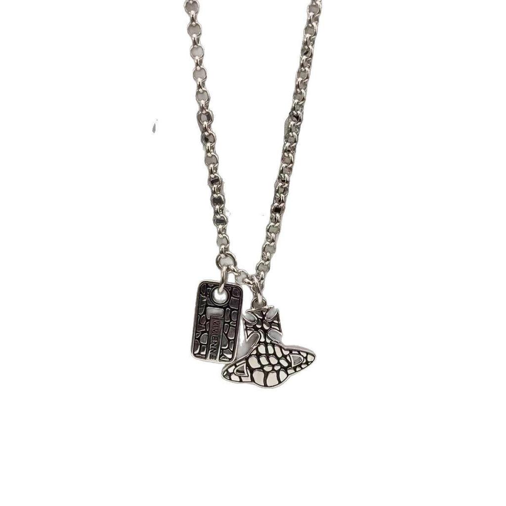 Empress Dowager Saturn Necklace: Crack Titanium Steel Square Plate for Men & Women, Winter Sweater Chain, Punk Style