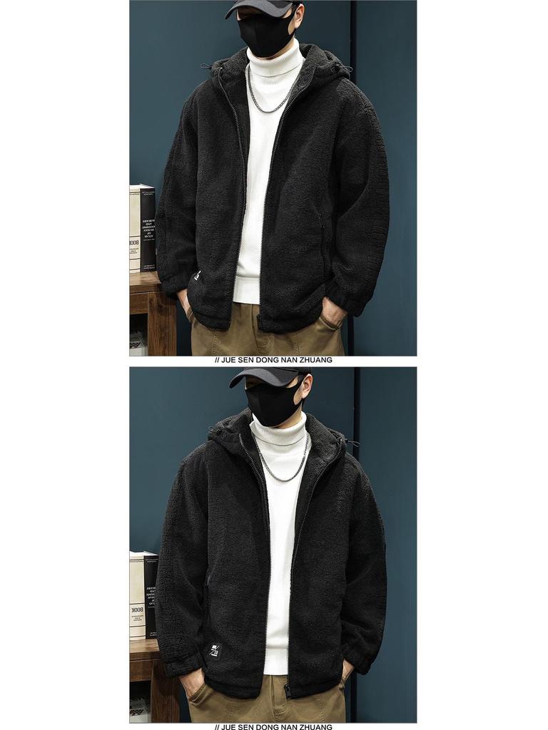 Pánský svetr s kapucí a výstřihem do V, větší velikost, z jehněčí vlny a bavlny - Zimní, teplý, trendy oversized design
