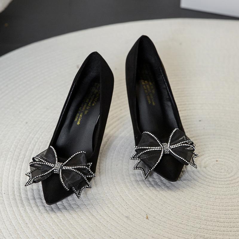 New Luxury Pearl Crystal Bowtie  Wedding Shoes Women Spring Brand Designer High Heels Pumps Woman Thin Heeled Party Shoes