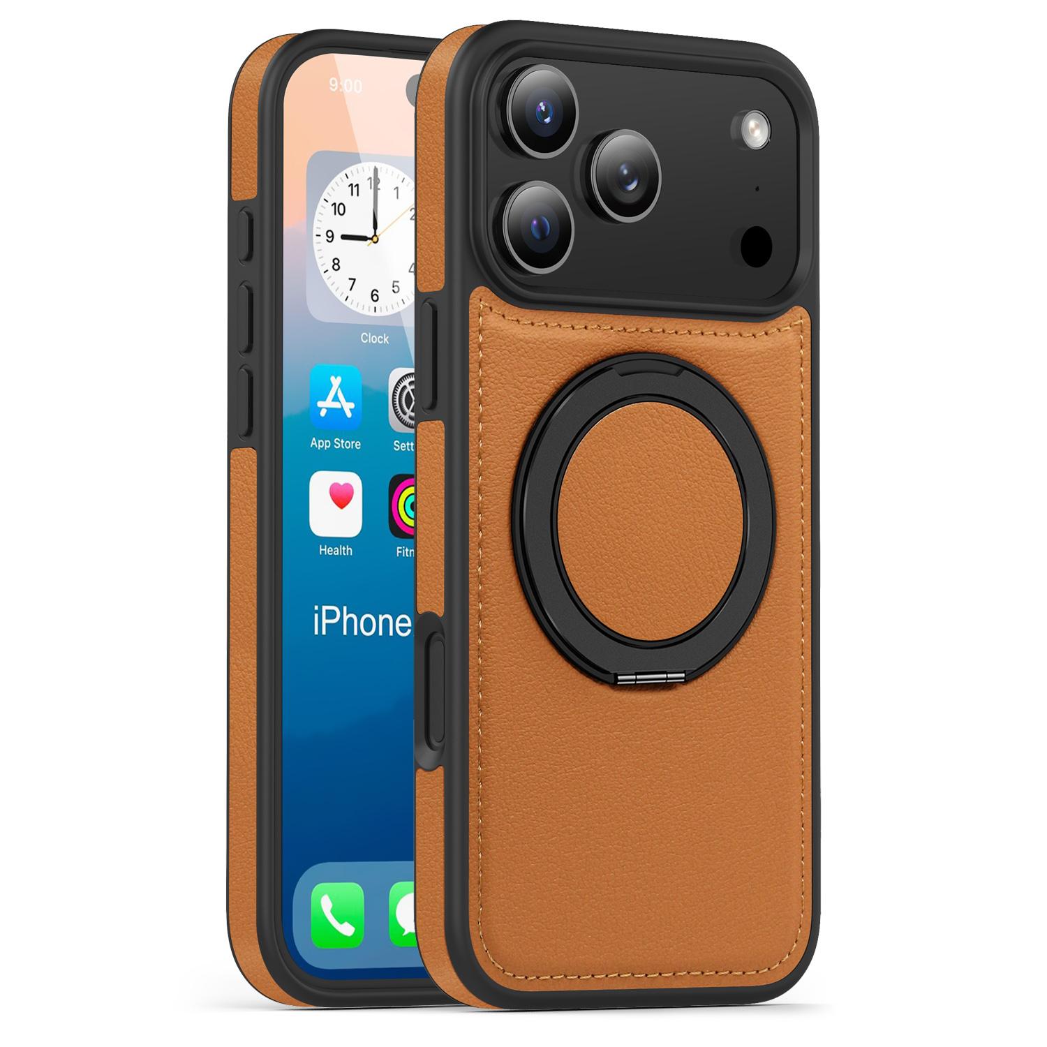 

Діловий шкіряний чохол для телефону з обертовим кронштейном для iPhone 17 16 15 14 13 12 11 Pro Max Plus Magsafe Магнітне кільце Стенд Тримач Кришка iPhone 17 Air коричневий