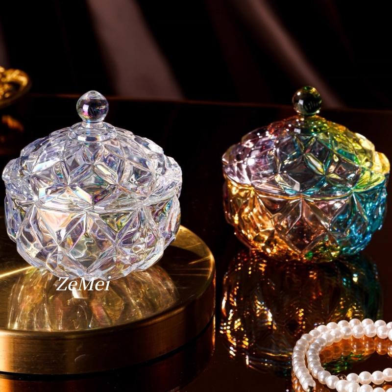 Circular Crystal Glass Storage Jar,Jewelry Organizer Candy Glass Jar With Lid Aromatherapy Candlestick Container Home Decoration