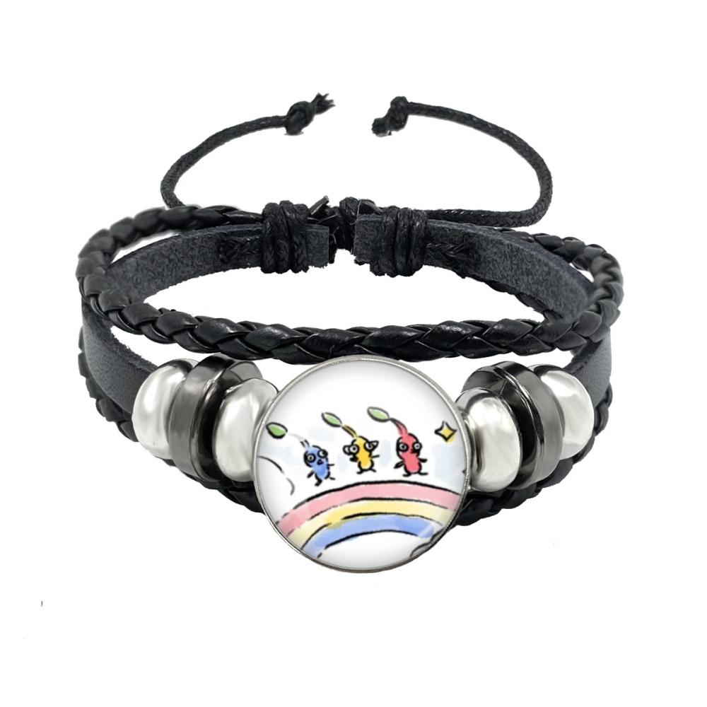 Creative Game Pikmin Cartoon Button Rope Button Glass Cabochon Handmade Black Leather Bracelet Jewelry Charm Gift