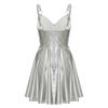 Womens Gothic Party Dress Patent Leather Wet Look Slip Dress O Ring Rivets Strappy V Neck Mini Dress