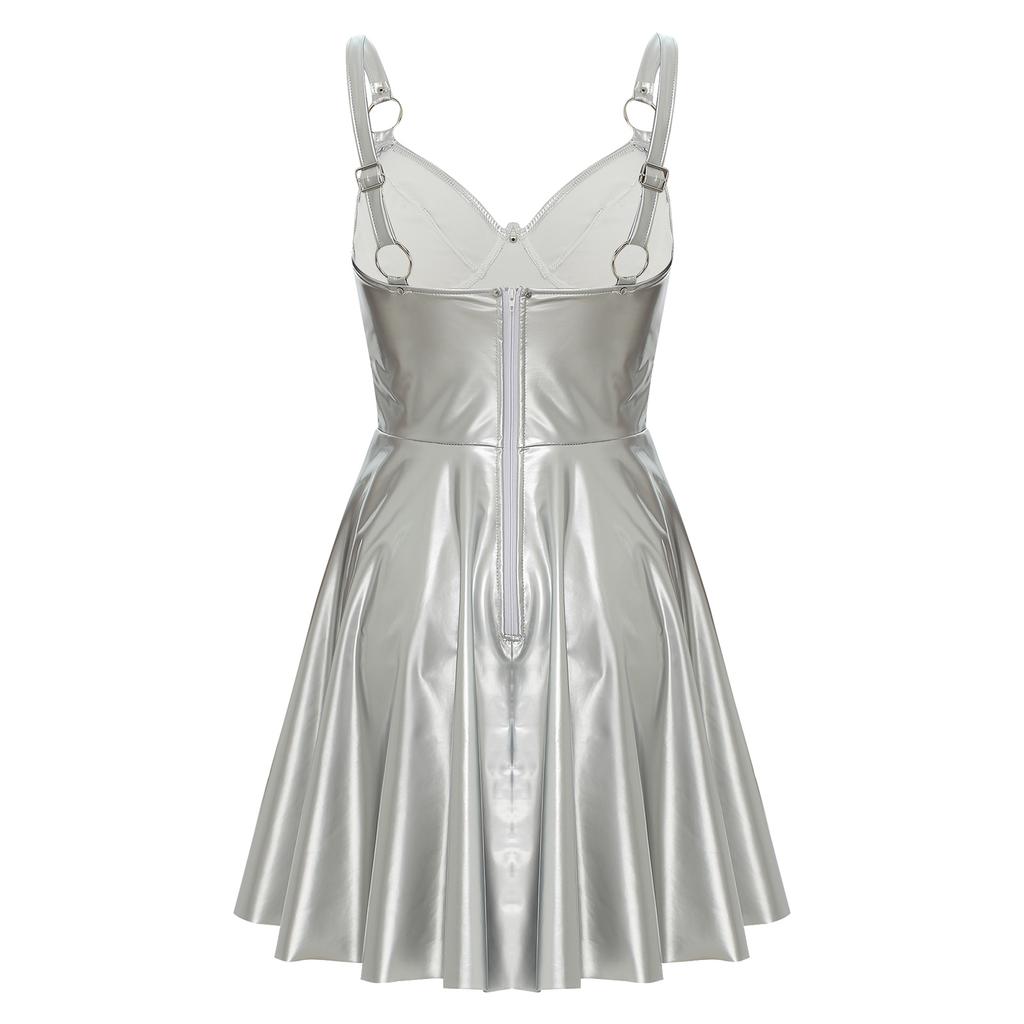 Womens Gothic Party Dress Patent Leather Wet Look Slip Dress O Ring Rivets Strappy V Neck Mini Dress