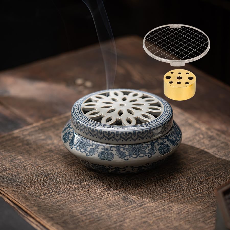 

Stylish ceramic incense burner with lid, stainless steel mesh, and non-flammable sheet. Incense set with spiral incense. Perfect for Buddhist altars,
