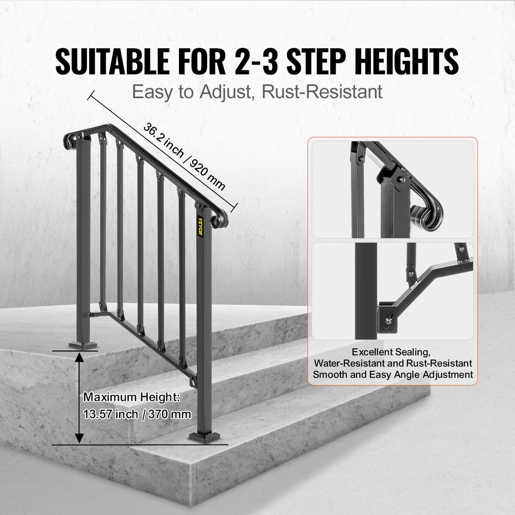Stair Railing Wrought Iron Entrance Railing Suitable for 2 to 3 Steps for Outdoor Black
