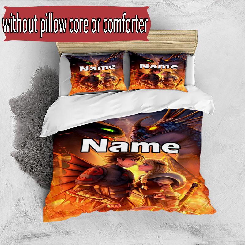 3pcs Duvet Cover Set (1*Duvet Cover + 2*Pillowcase, Without Core), Custom Name How to Train Your Dragon Pattern Bedding Set, Home Bedroom Decor Gift