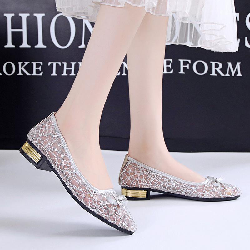 Fashion 2025 Summer Women's Transparent Shoes Female Breathable Mesh Sandals Woman Party Sequins Low Heels Women Silver Big Size Sandals