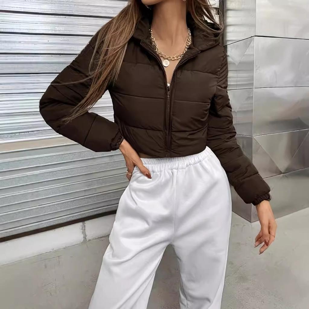Winter Women's Fashion Hooded Short Puffer Jacket French Style Streetwear Cropped Padded Coat
