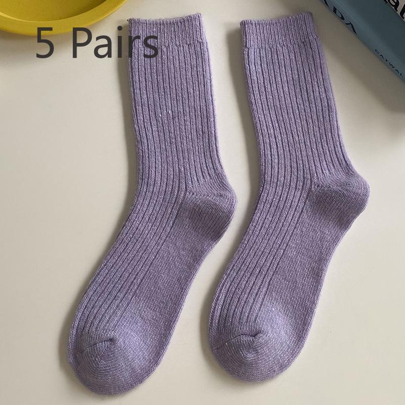 5 Pairs of Women Autumn and Winter New Solid Color Wool Retro Warm Tube Stack Socks