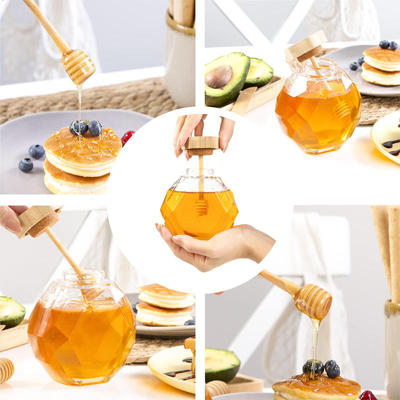 Boccetta di Vetro Esagonale Vuota per Miele con Bastoncino Mescolatore in Legno per Miele, Barattolo Trasparente Sigillante per Marmellata, Conservazione Cucina Casa 250G/500G/1000G