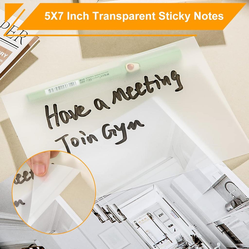 5x7 Inch Transparent Sticky Notes, 2 Pads Large Translucent Self-Adhesive Clear See Through Post Supersize Sticky Notes for Office Woman School