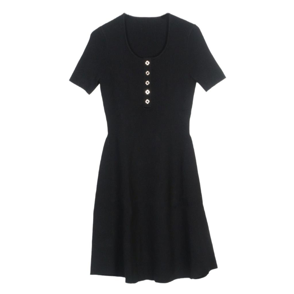 2025 Early Spring French Style Black Slimming Knitted Dress with Round Neck & Short Sleeves