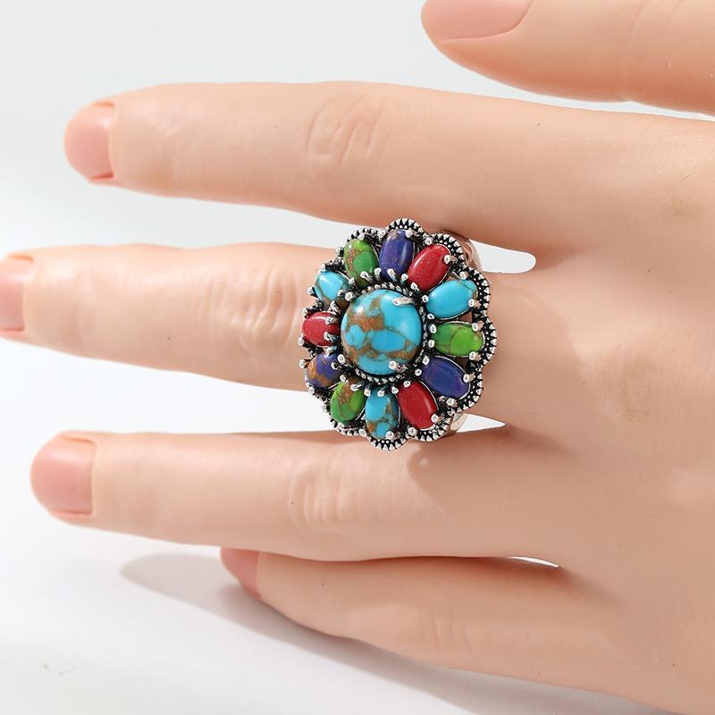 Bohemian Inlaid Imitation Multicolored Imitation Turquoise Flower Women's Ring CopperColor Daily Wear Party Anniversary Gift