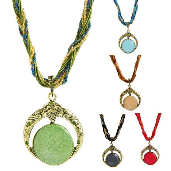 Round Unique Carved Bohemian Vintage Necklace Lady Multilayer Beads Chain Pendant Necklace