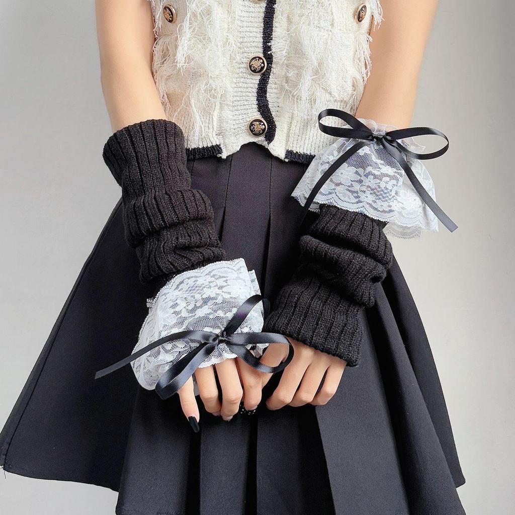 Lace Trim Bow Arm Warmers - Cute Lolita Wool Knit Sleeves