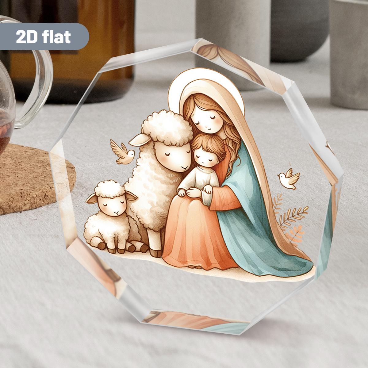 1pc Virgin Mary and Lamb Religious Decoration - Soft Pastel Colors (Blue, Orange, Green), Acrylic Christian Home Church Office Decor 8.6*9cm