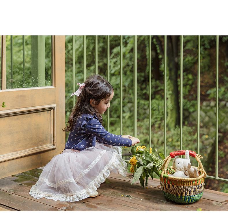 2025 Spring Strawberry Korean Toddler Girls' Puff Sleeve Lace Collar Floral Top