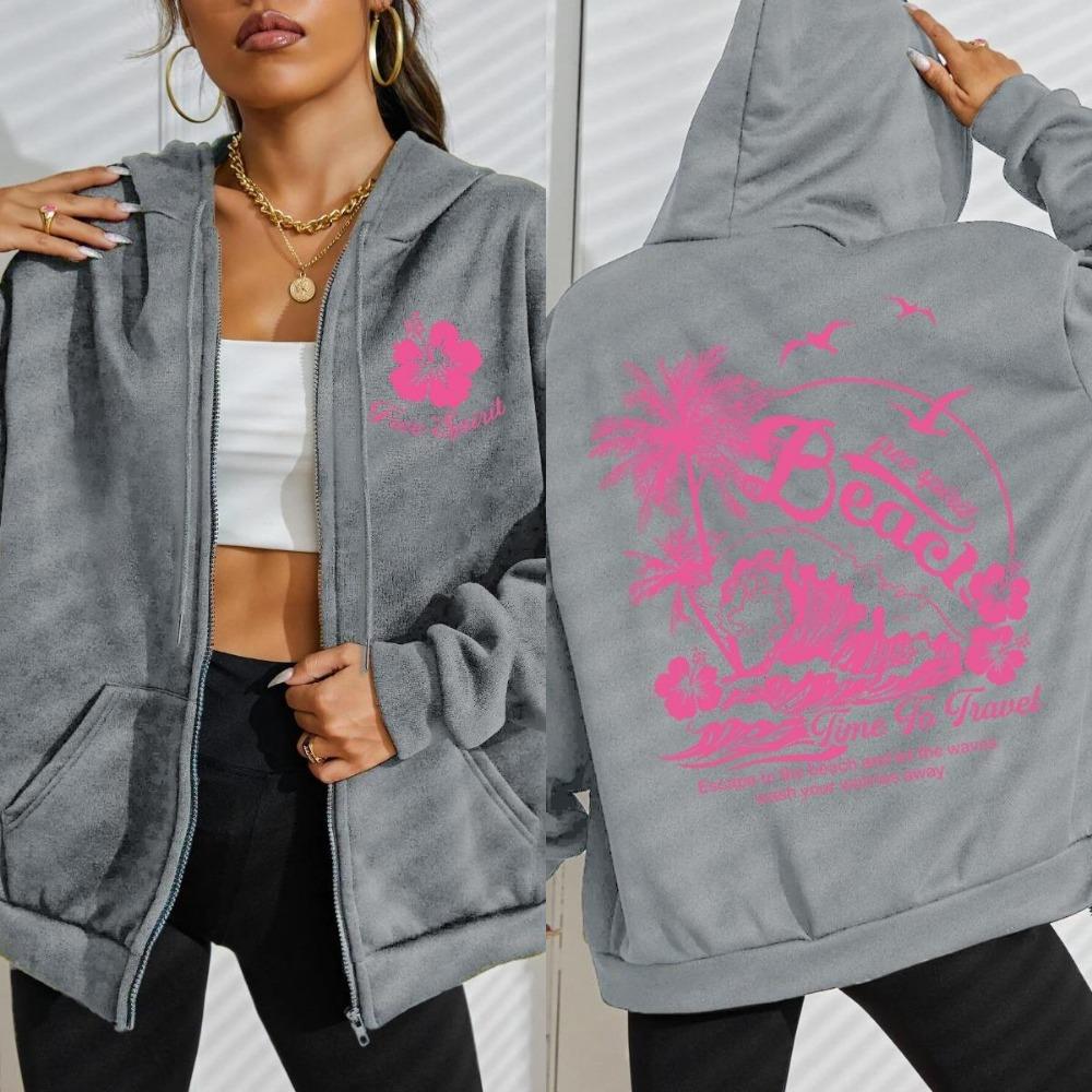 Free Spirit Beach Time Of Travel Print Women Zipper Hoody Fashion Autumn Hoodie Pocket Streetwear Fleece Loose Hoodies