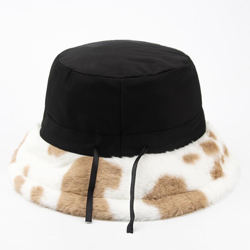 CNTANG New 2024 Women Bucket Hat Autumn And Winter Warm Cow Print Plush Fashion Panama Casual Hats For Ladies Fisherman Caps